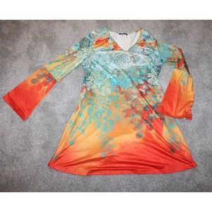 BOHO Chic Flared Sleeve Top Shirt Colorful Orange Flue Floral Design XL Azalea